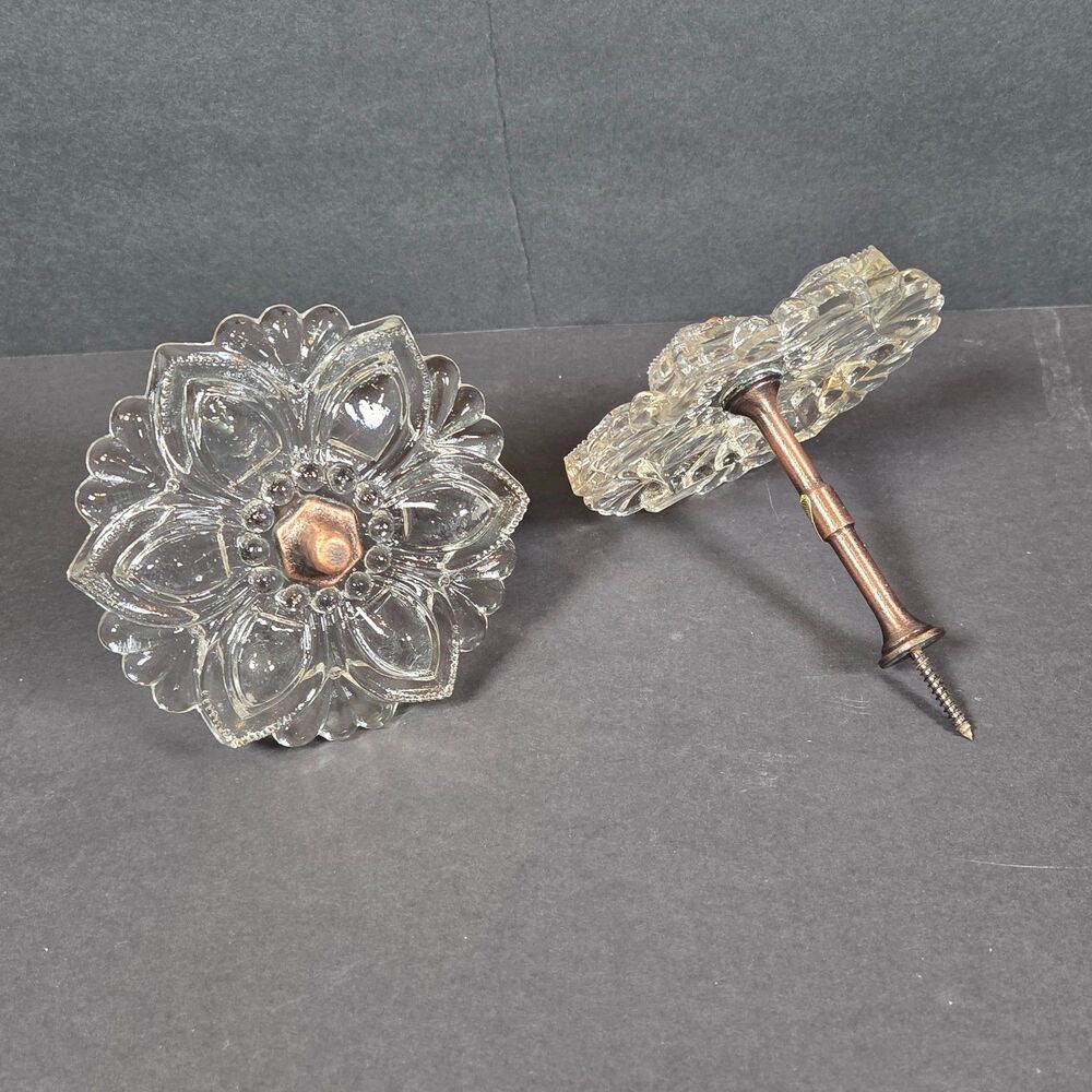 Vintage Clear Pressed Glass Flower Curtain Tiebacks Pair Brass Tone 4" Rosette
